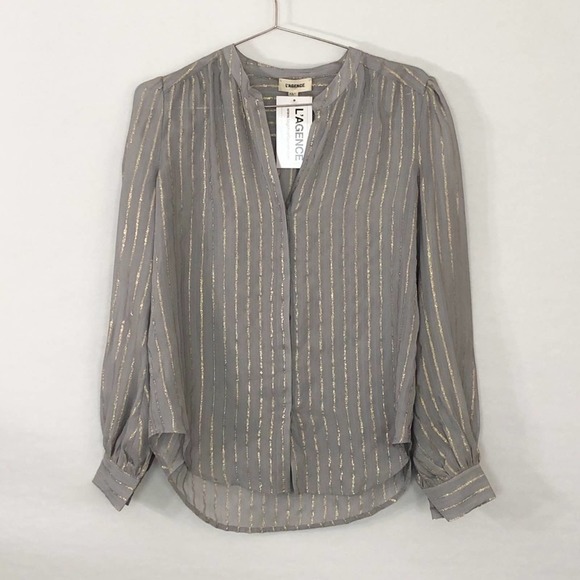 NWT L'AGENCE Gray Gold Metallic Striped Button Front Blouse Size XS - Picture 1 of 9